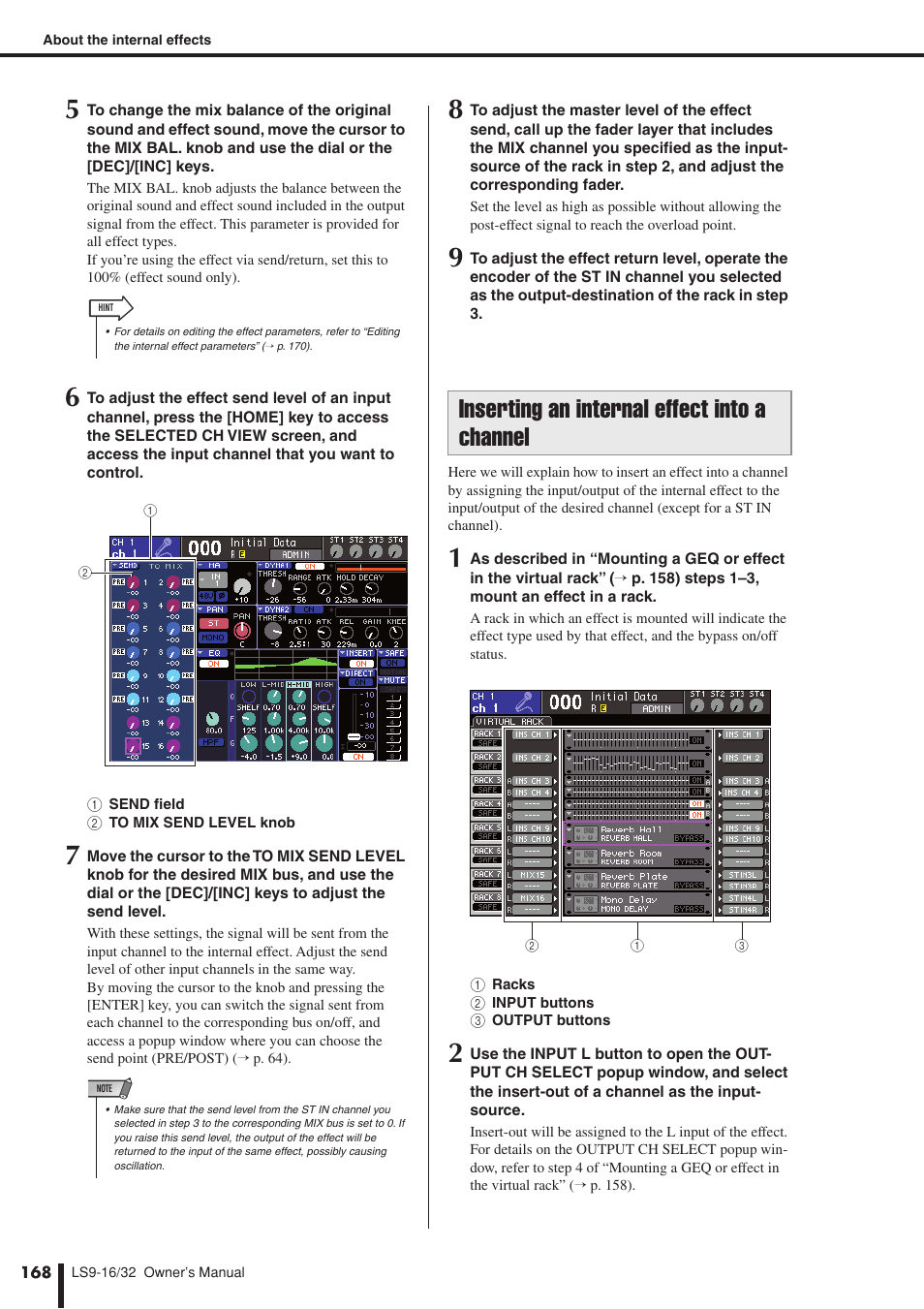 Inserting an internal effect into a channel | Yamaha LS9 User Manual | Page 168 / 290