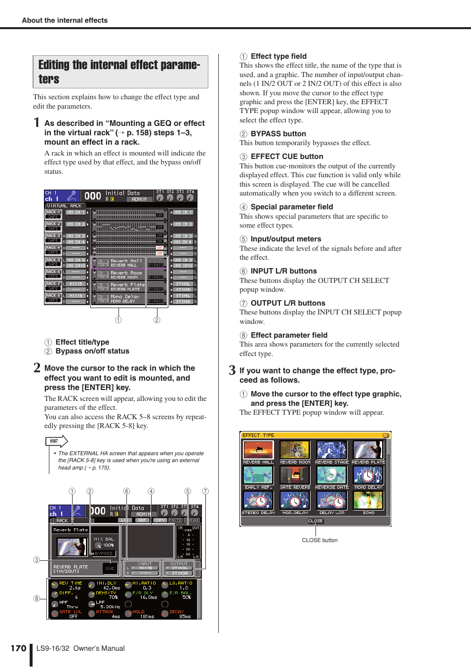 Editing the internal effect parameters, Er to “editing, The internal effect parameters | P. 170), Editing the internal effect parame- ters | Yamaha LS9 User Manual | Page 170 / 290