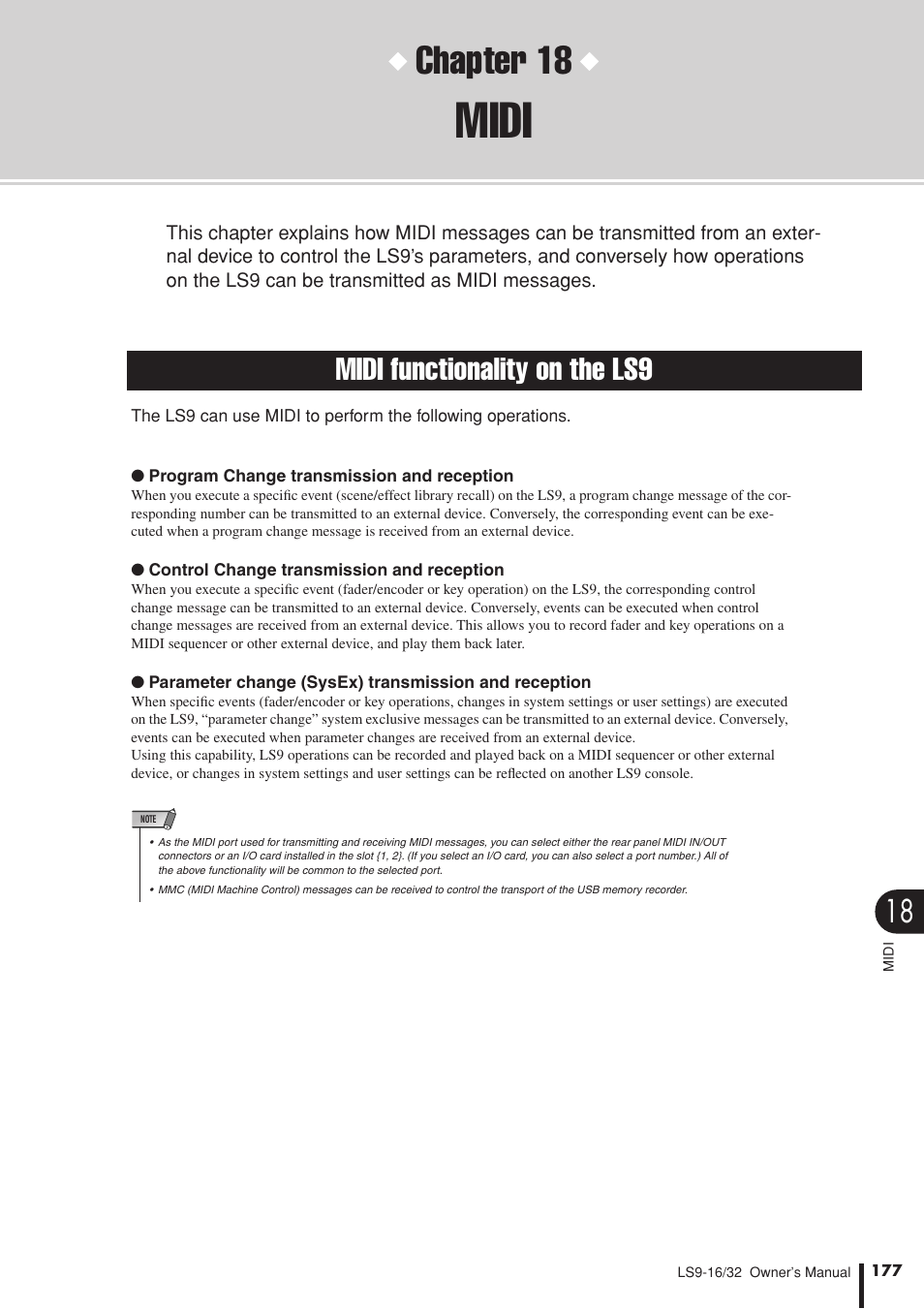 Midi, Midi functionality on the ls9, Chapter 18 | Yamaha LS9 User Manual | Page 177 / 290
