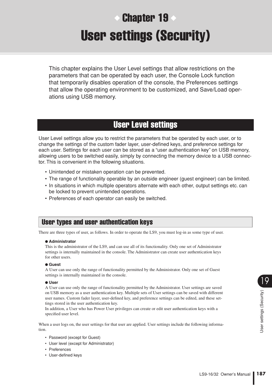 User settings (security), User level settings, User types and user authentication keys | Chapter 19 | Yamaha LS9 User Manual | Page 187 / 290