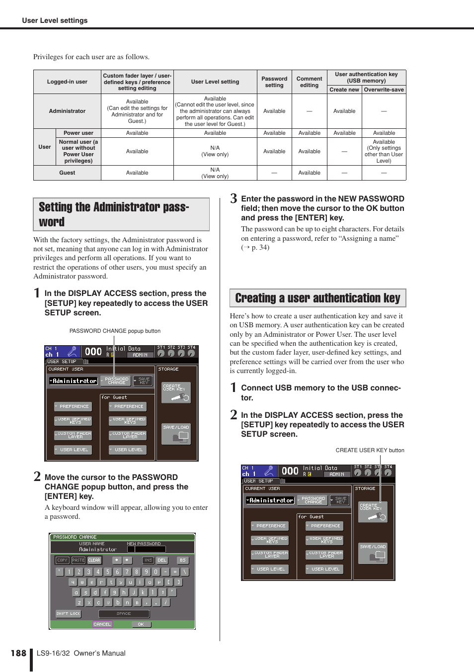 Setting the administrator password, Creating a user authentication key, Setting the administrator pass- word | Yamaha LS9 User Manual | Page 188 / 290
