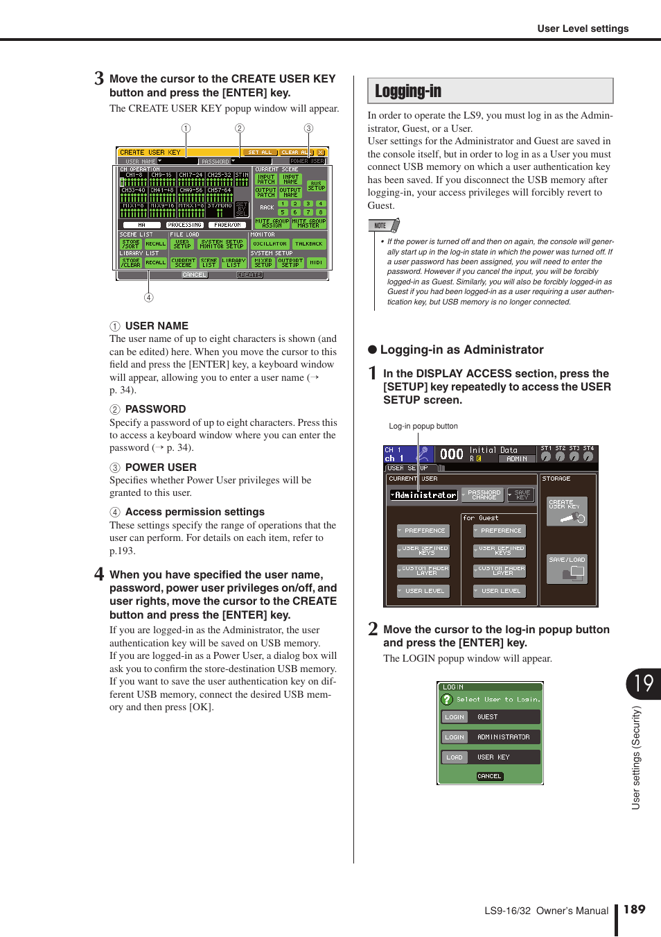 Logging-in | Yamaha LS9 User Manual | Page 189 / 290