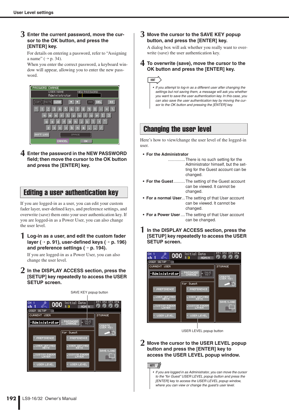 Editing a user authentication key, Changing the user level, P. 192 | Editing a user authentication key) | Yamaha LS9 User Manual | Page 192 / 290