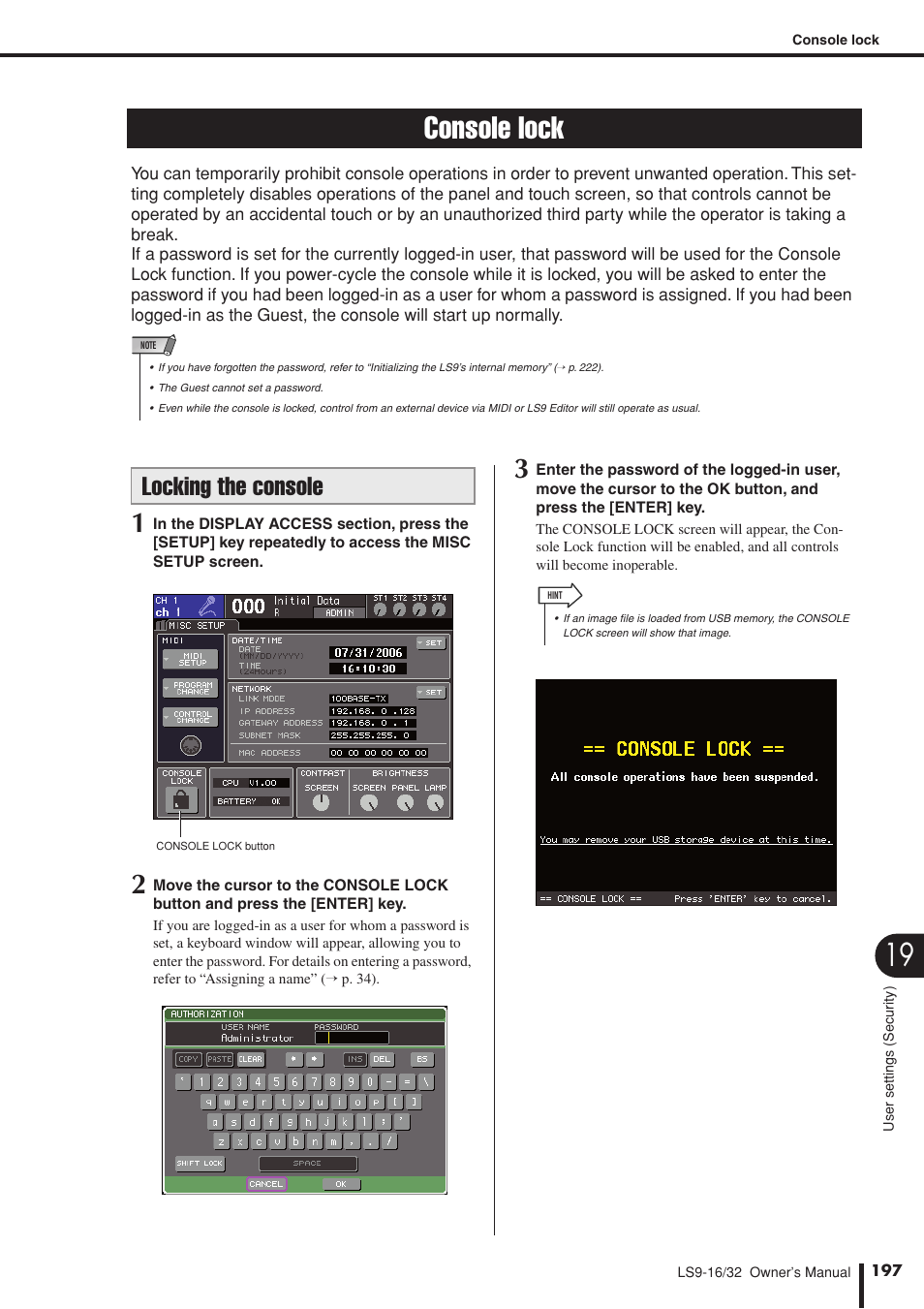 Console lock, Locking the console | Yamaha LS9 User Manual | Page 197 / 290