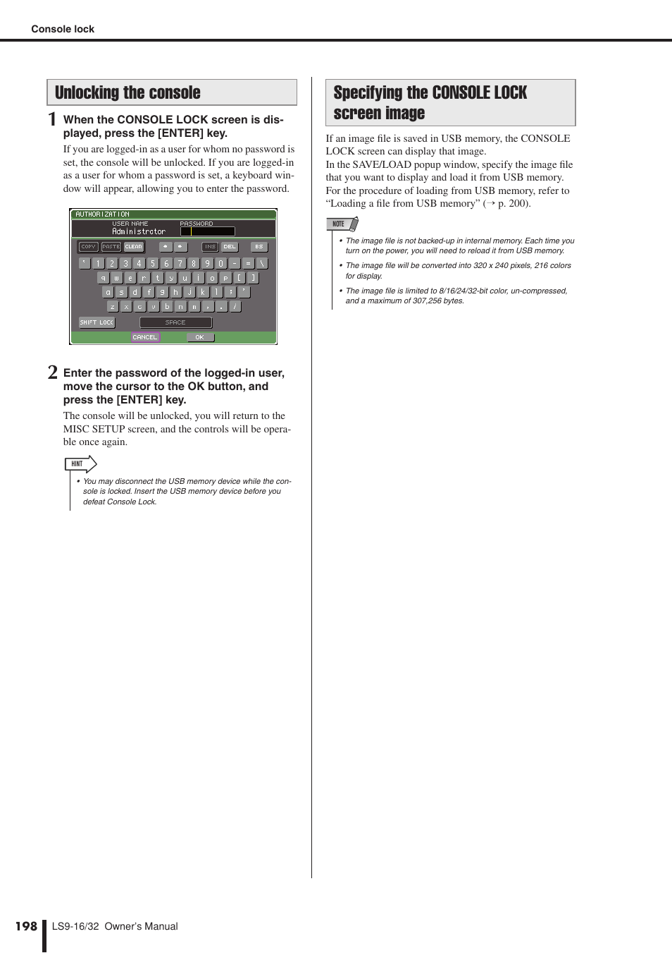 Unlocking the console, Specifying the console lock screen image, Specifying the console lock | Screen image | Yamaha LS9 User Manual | Page 198 / 290