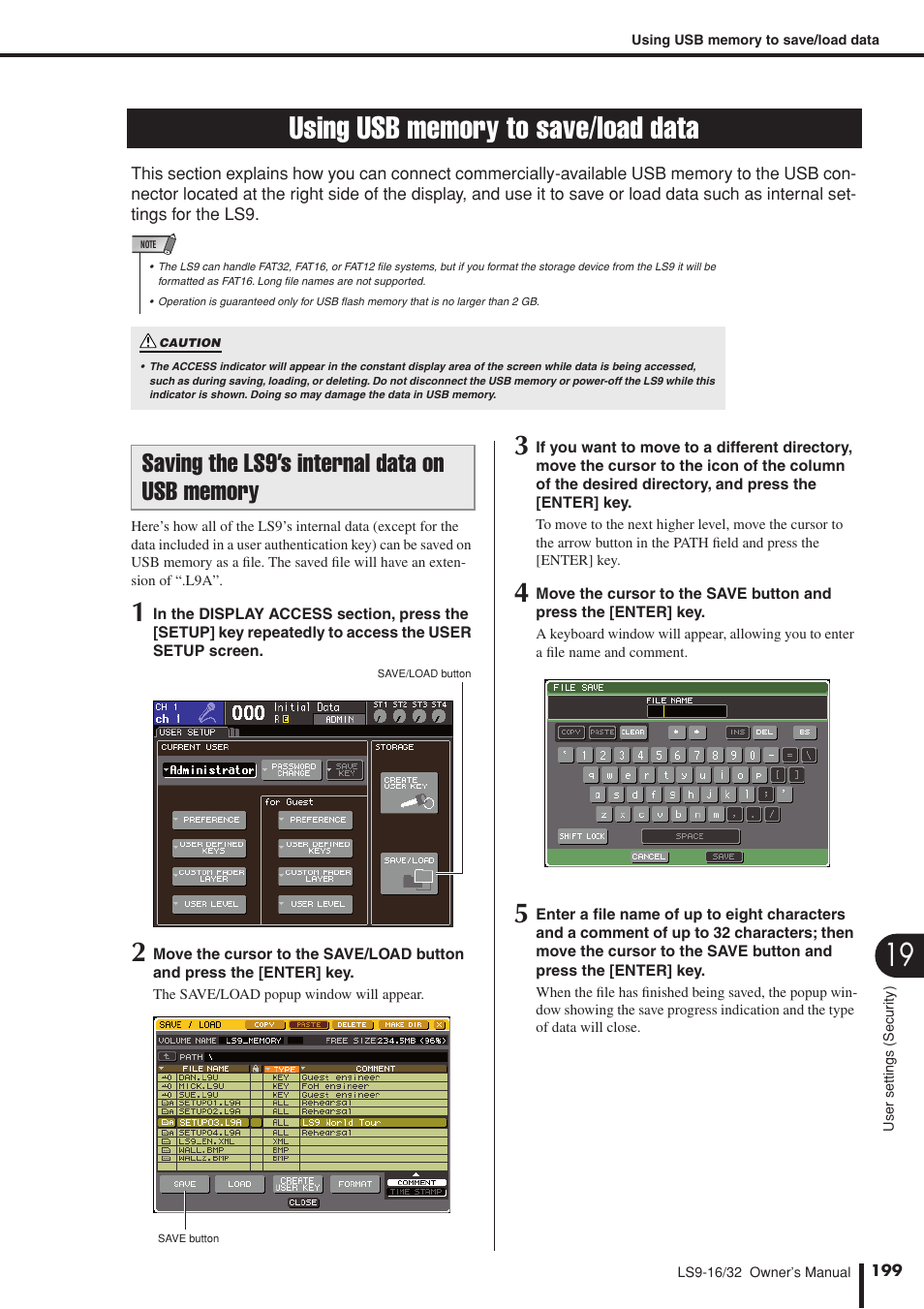 Using usb memory to save/load data, Saving the ls9's internal data on usb memory, Saving the ls9’s internal data | On usb memory | Yamaha LS9 User Manual | Page 199 / 290