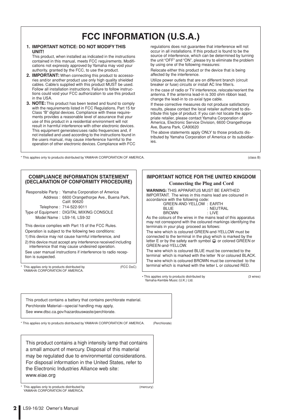 Fcc information (u.s.a.) | Yamaha LS9 User Manual | Page 2 / 290