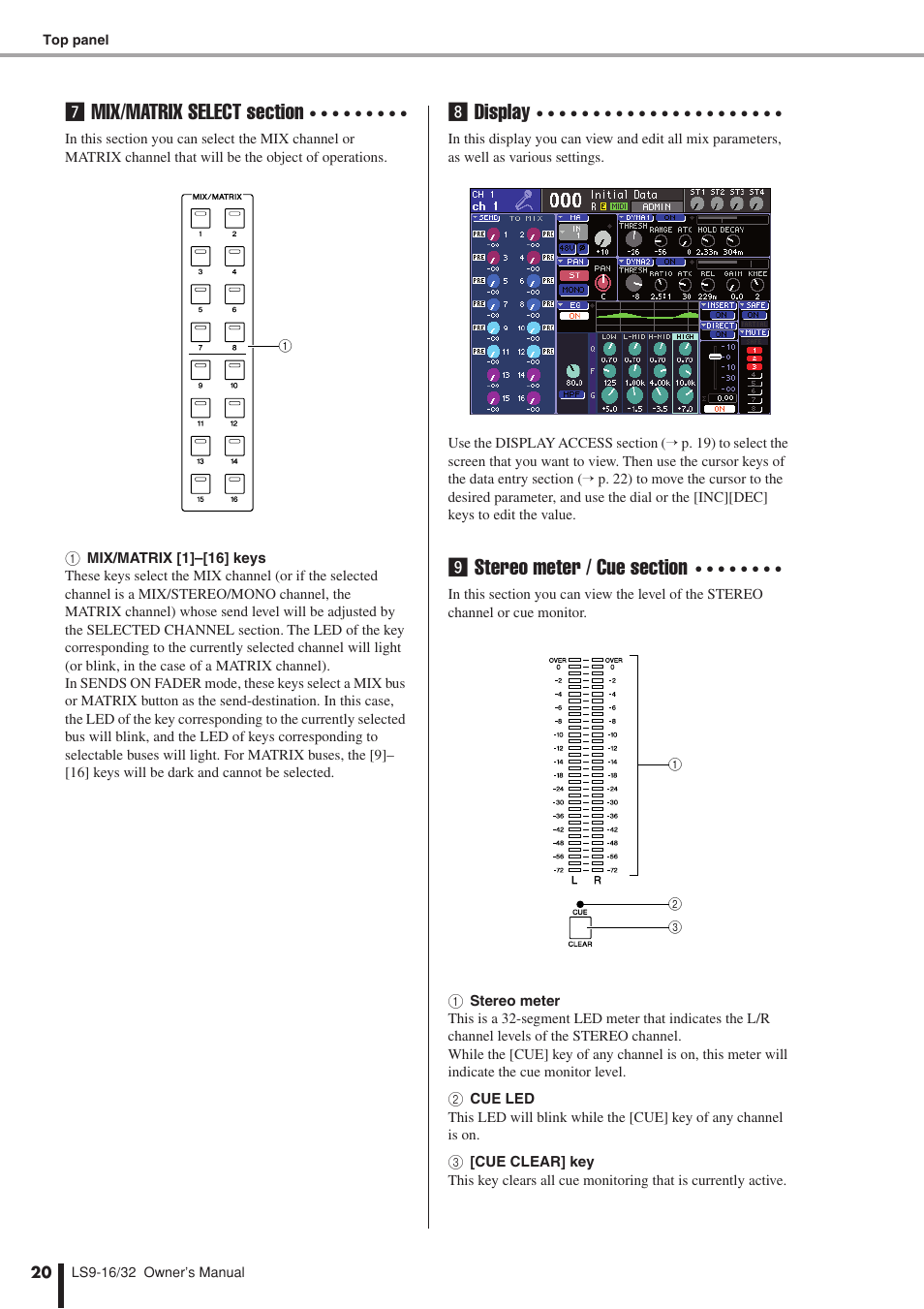 Mix/matrix select section (p. 20), Display (p. 20), Stereo meter / cue section (p. 20) | Display | Yamaha LS9 User Manual | Page 20 / 290