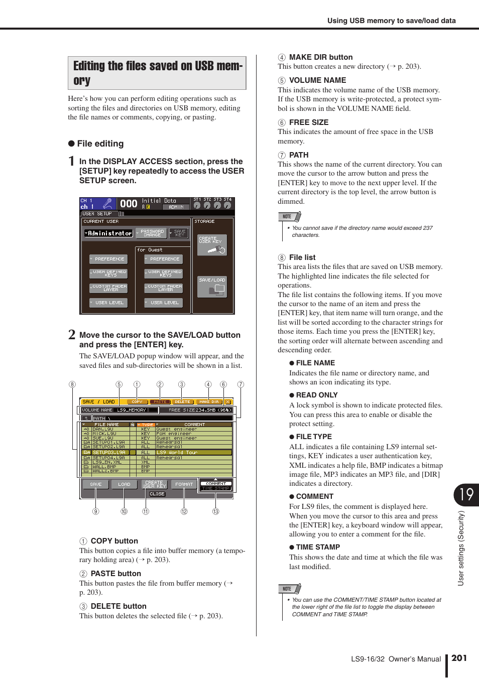 Editing the files saved on usb memory, Editing the files saved on usb mem- ory | Yamaha LS9 User Manual | Page 201 / 290