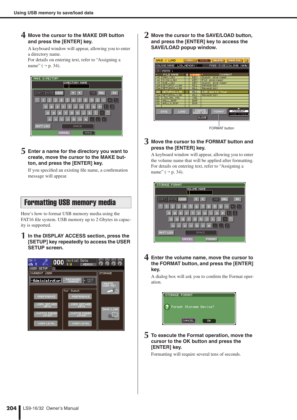 Formatting usb memory media, P. 204) | Yamaha LS9 User Manual | Page 204 / 290