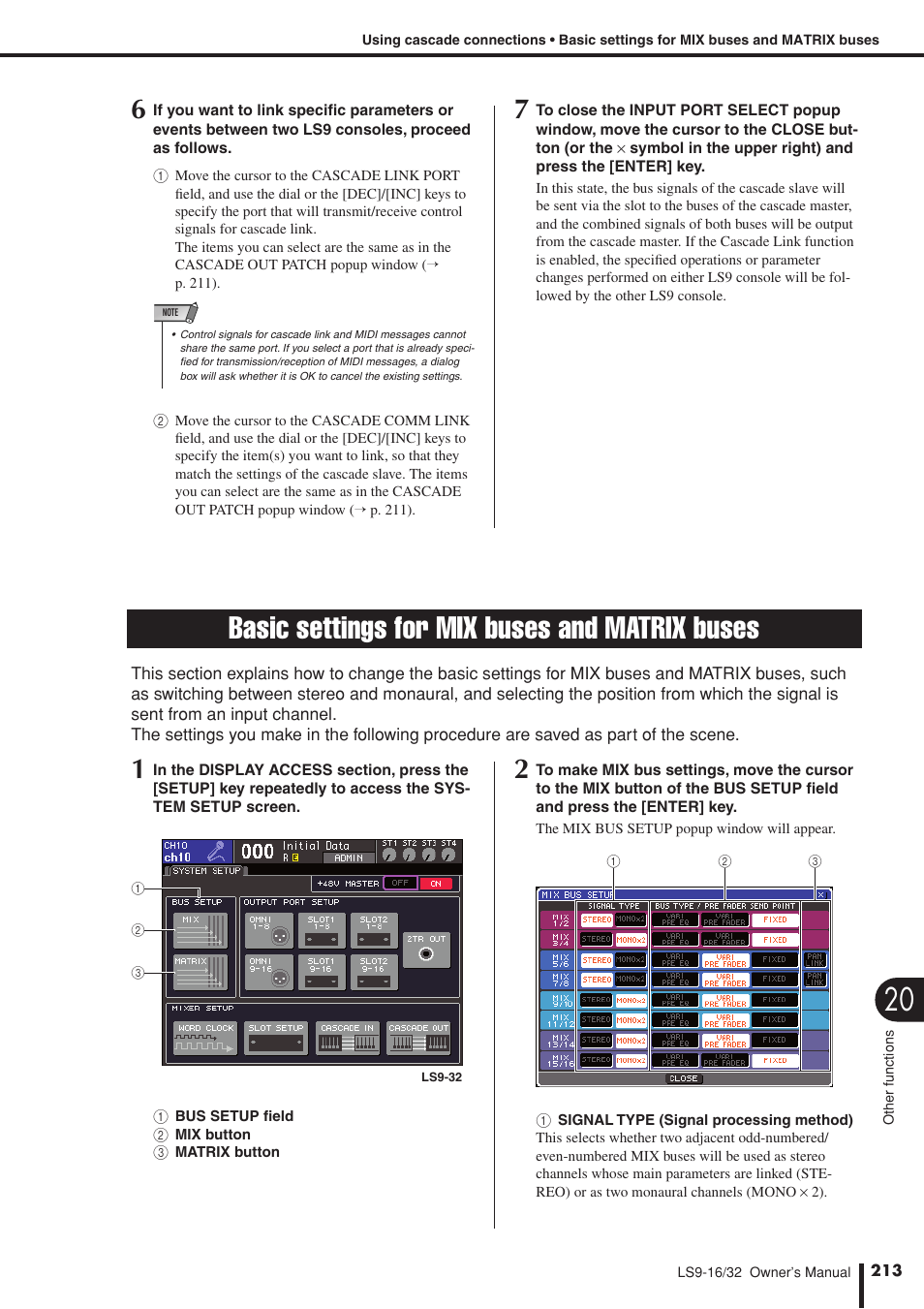 Basic settings for mix buses and matrix buses, Basic settings for mix buses and, Matrix buses | P. 213), Or details, refer to, View screen, Uses, Details on changing the send position, Or details on changing the send position, Settings in the system setup screen | Yamaha LS9 User Manual | Page 213 / 290