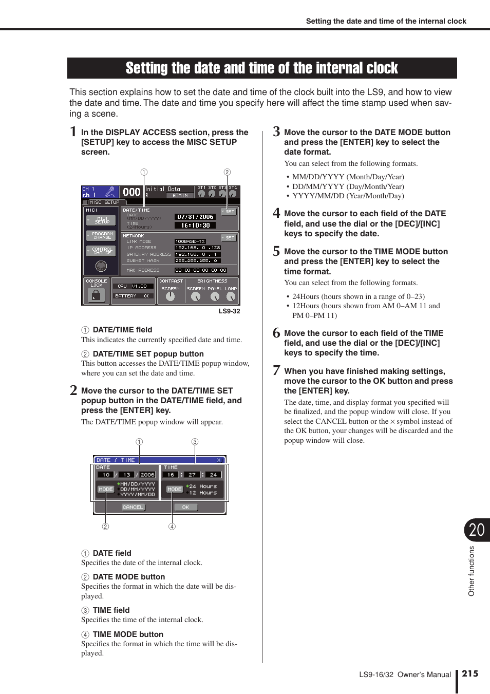 Setting the date and time of the internal clock, Here you can specify the date and time, P. 215) | Yamaha LS9 User Manual | Page 215 / 290