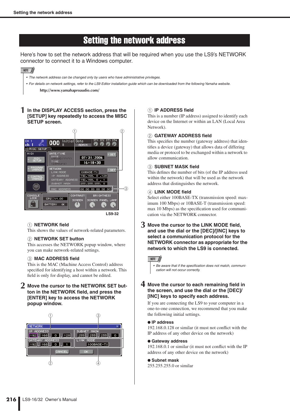 Setting the network address, Ork-related settings, P. 216) | Yamaha LS9 User Manual | Page 216 / 290