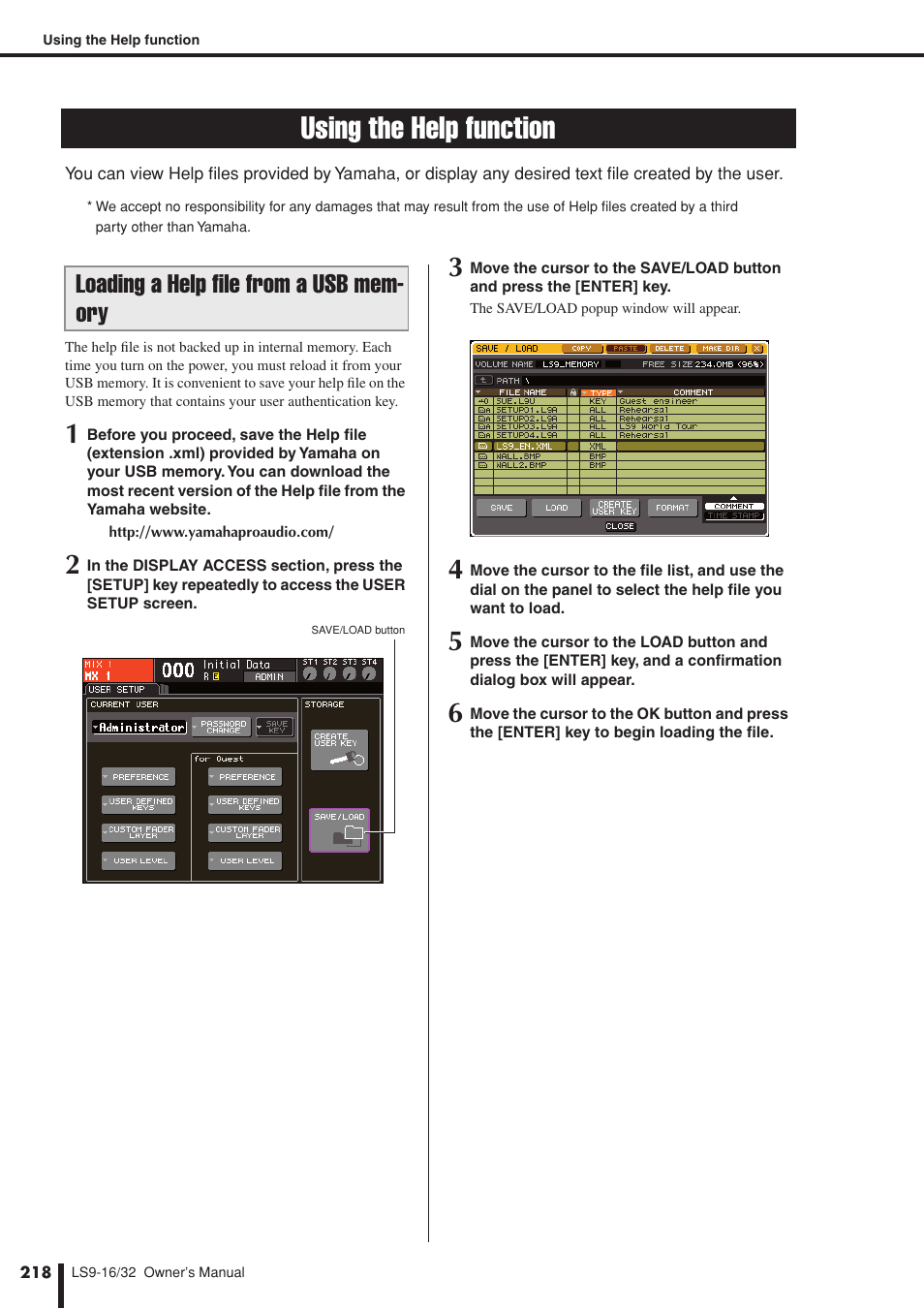 Using the help function, Loading a help file from a usb memory, Loading a help file from | A usb storage device, Loading a help file from a usb mem- ory | Yamaha LS9 User Manual | Page 218 / 290