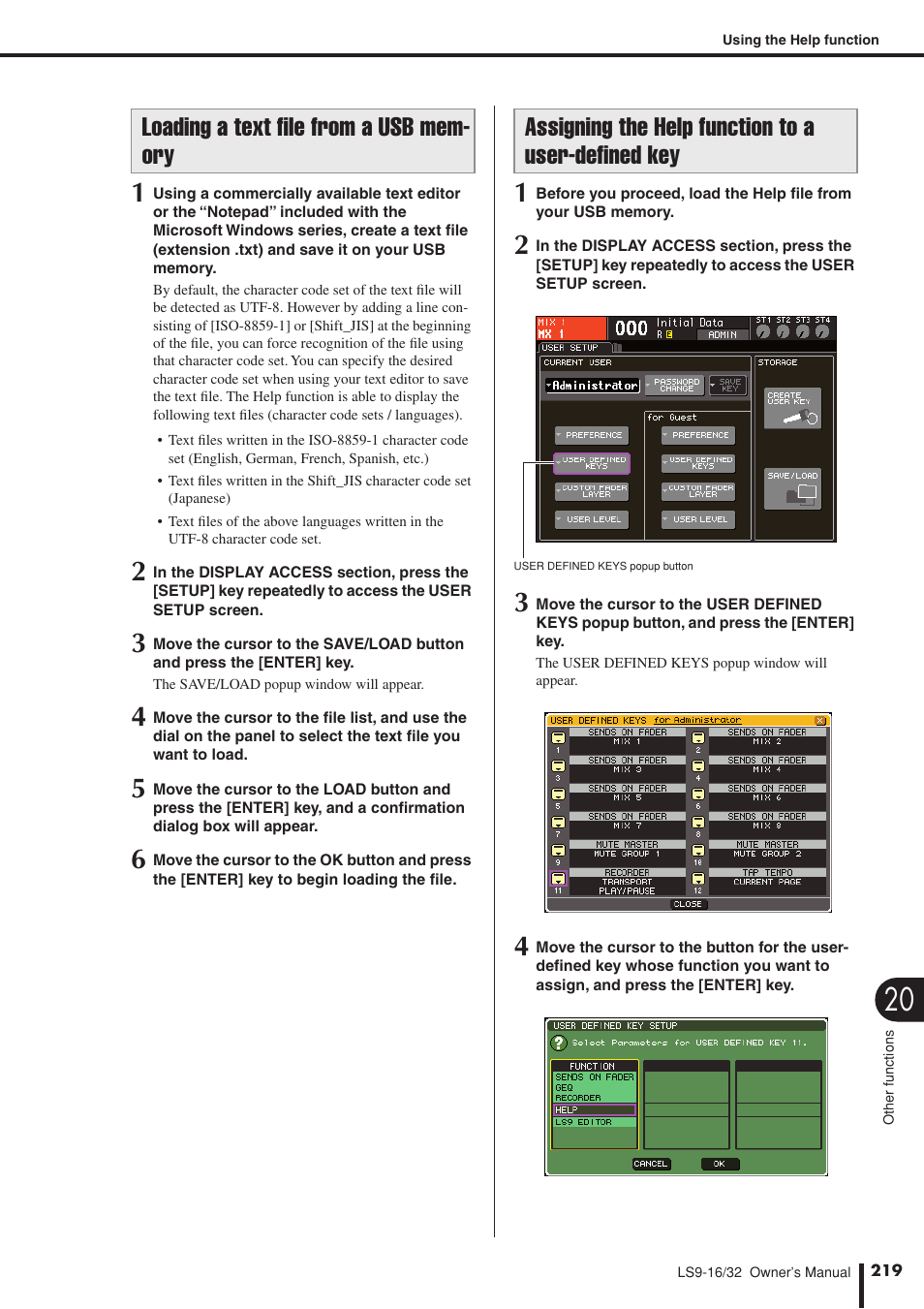 Loading a text file from a usb memory, Assigning the help function to a user-defined key, Loading a text file from | A usb storage device, Assigning the help function to, A user-defined key | Yamaha LS9 User Manual | Page 219 / 290