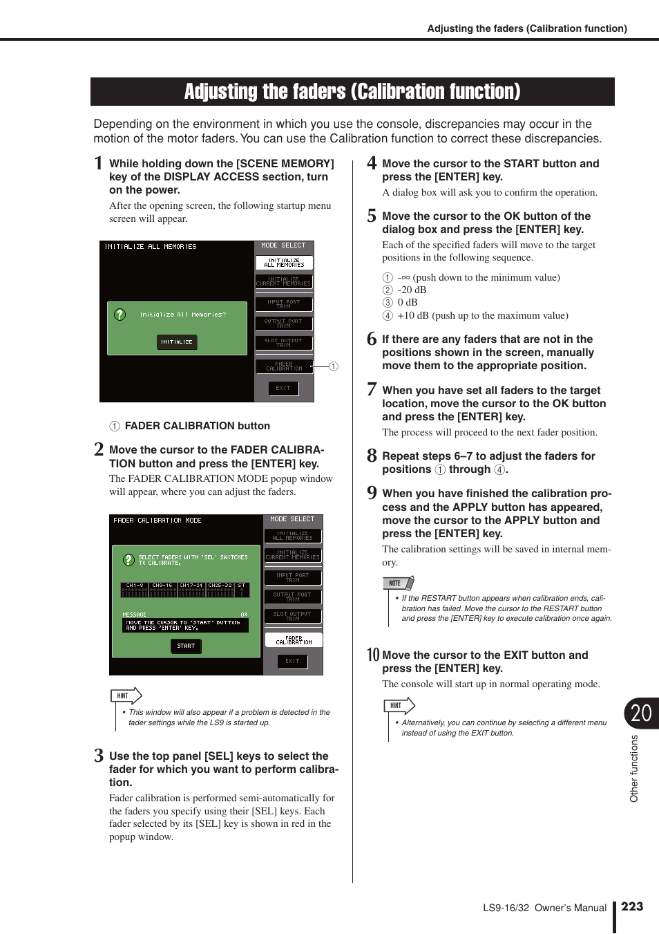 Adjusting the faders (calibration function) | Yamaha LS9 User Manual | Page 223 / 290