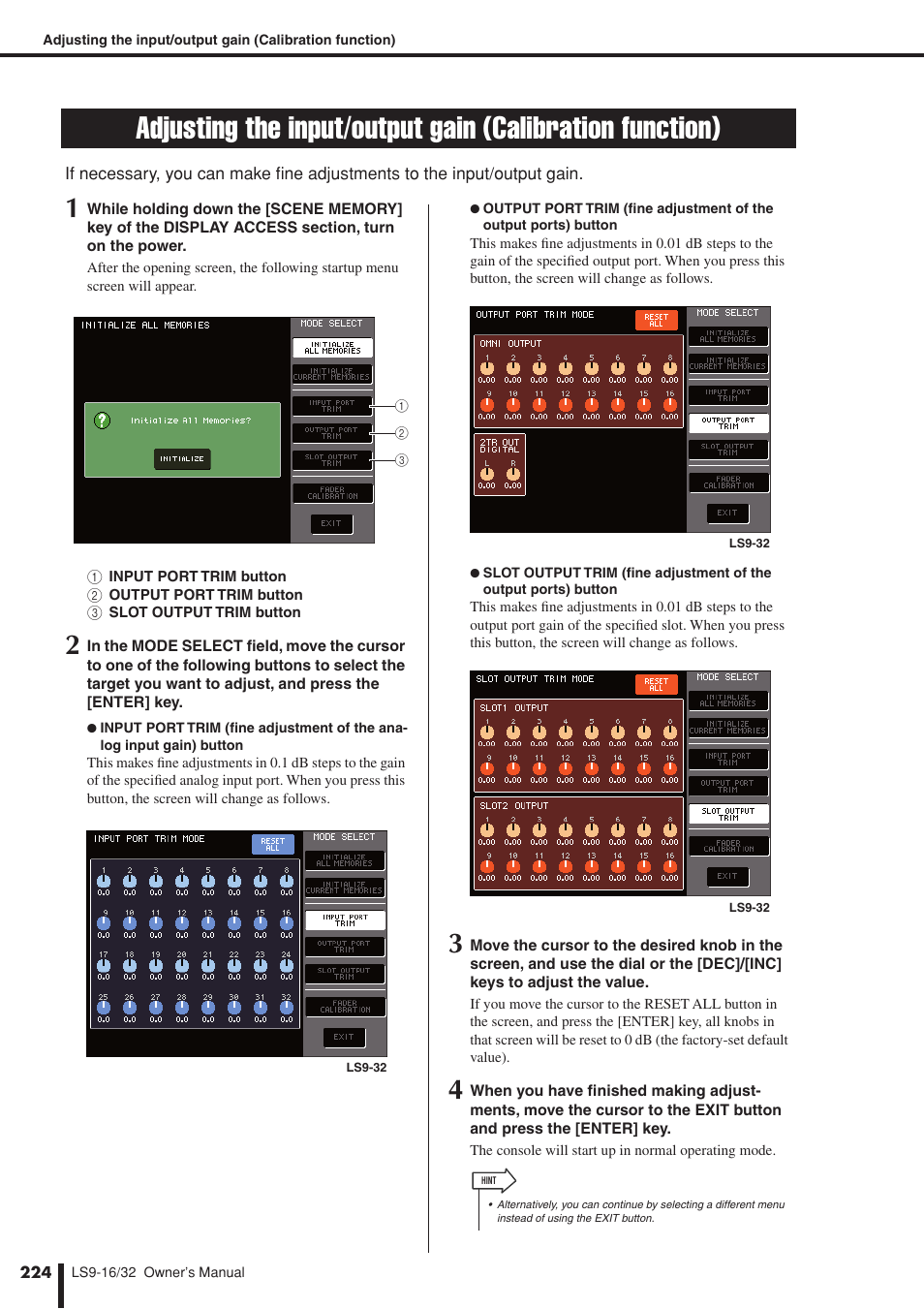 Adjusting the input/output gain, Calibration function) | Yamaha LS9 User Manual | Page 224 / 290