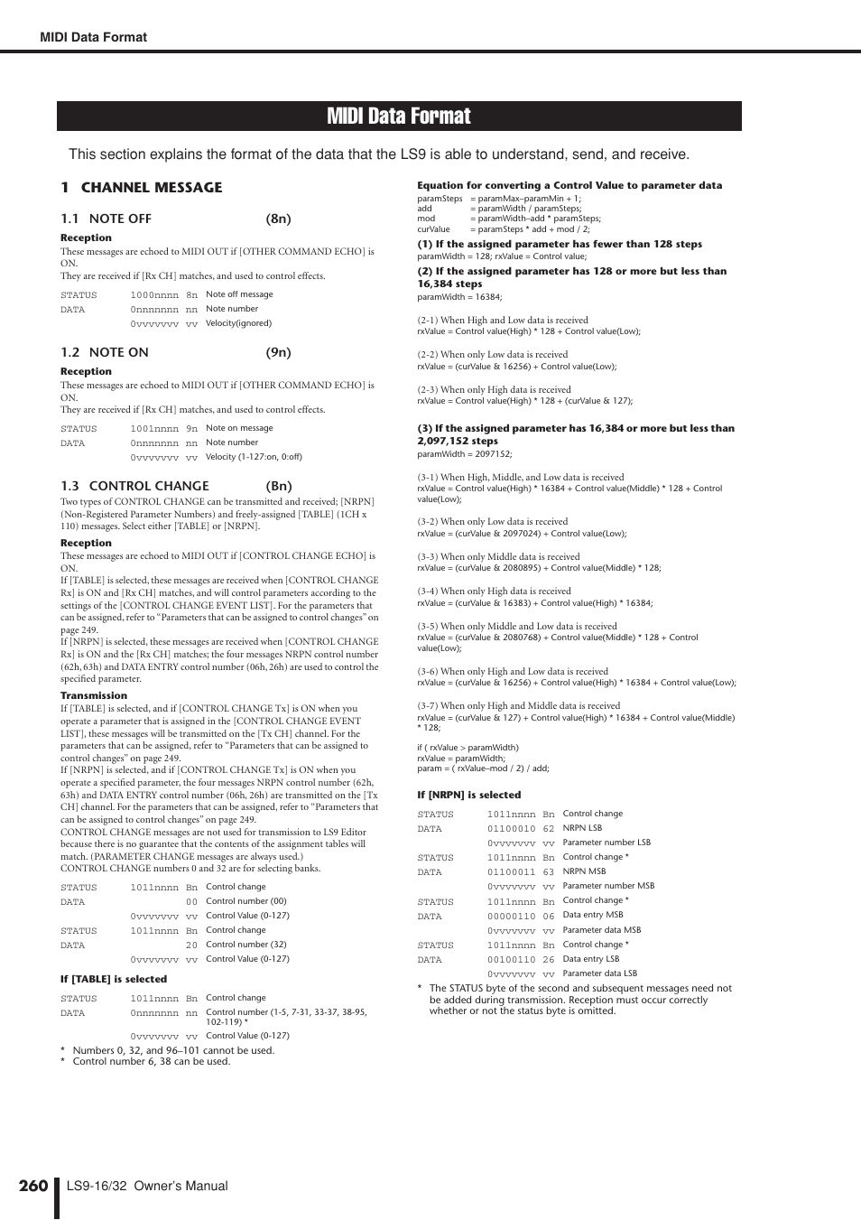 Midi data format | Yamaha LS9 User Manual | Page 260 / 290