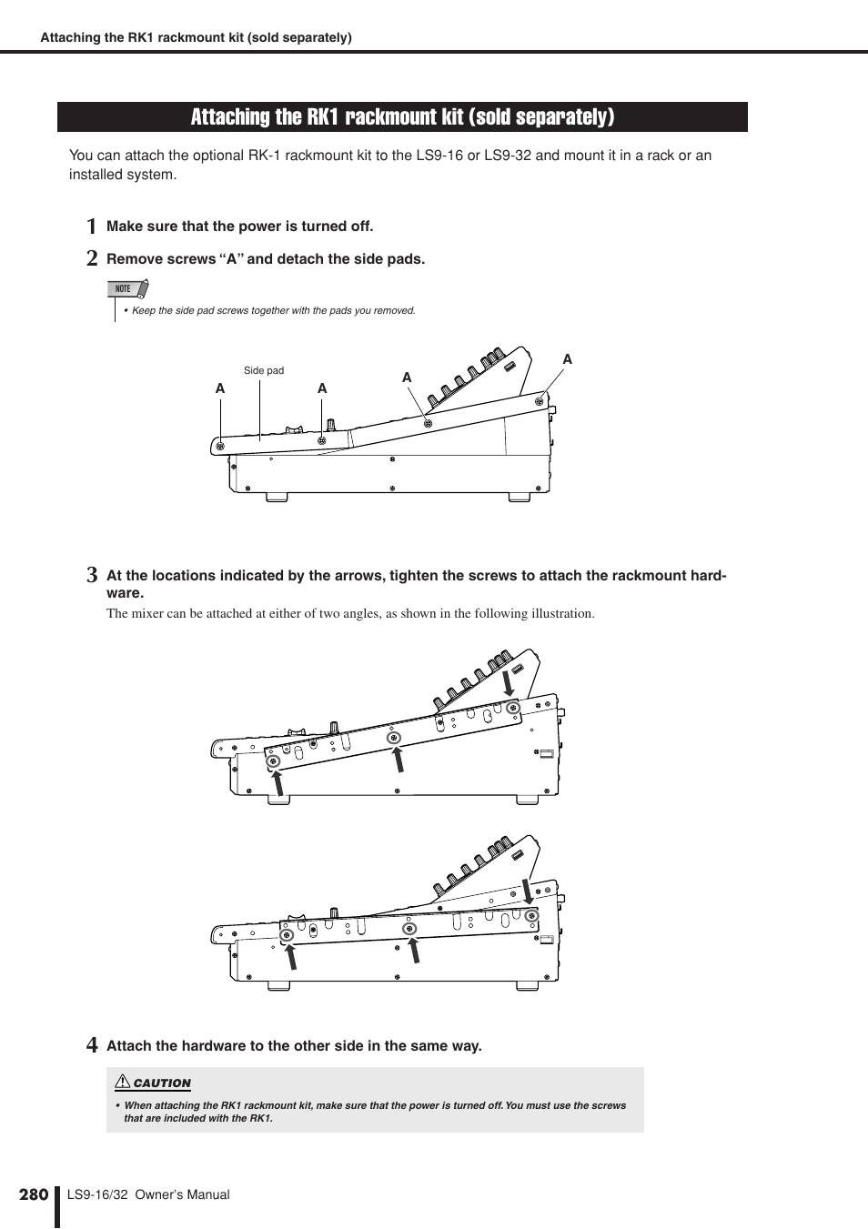 Attaching the rk1 rackmount kit (sold separately), Attaching the rk1 rackmount kit, Sold separately) | Yamaha LS9 User Manual | Page 280 / 290