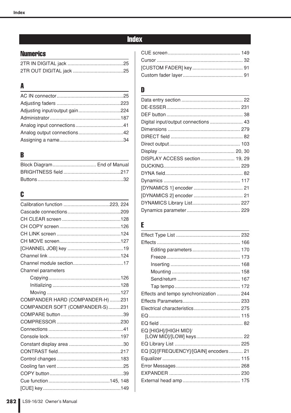 Index, Numerics | Yamaha LS9 User Manual | Page 282 / 290