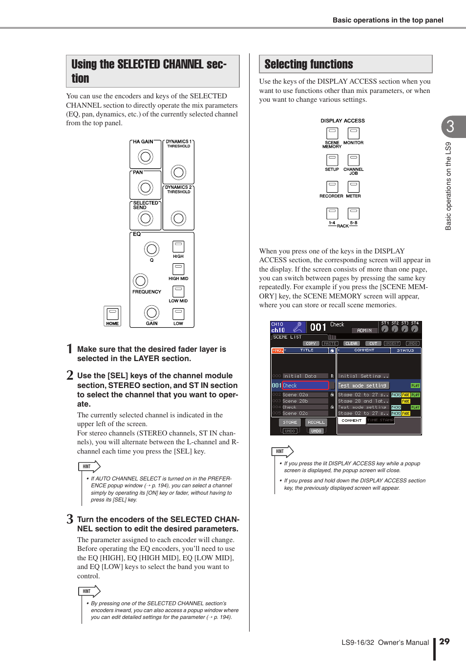 Using the selected channel section, Selecting functions, Using the selected channel sec- tion | Yamaha LS9 User Manual | Page 29 / 290