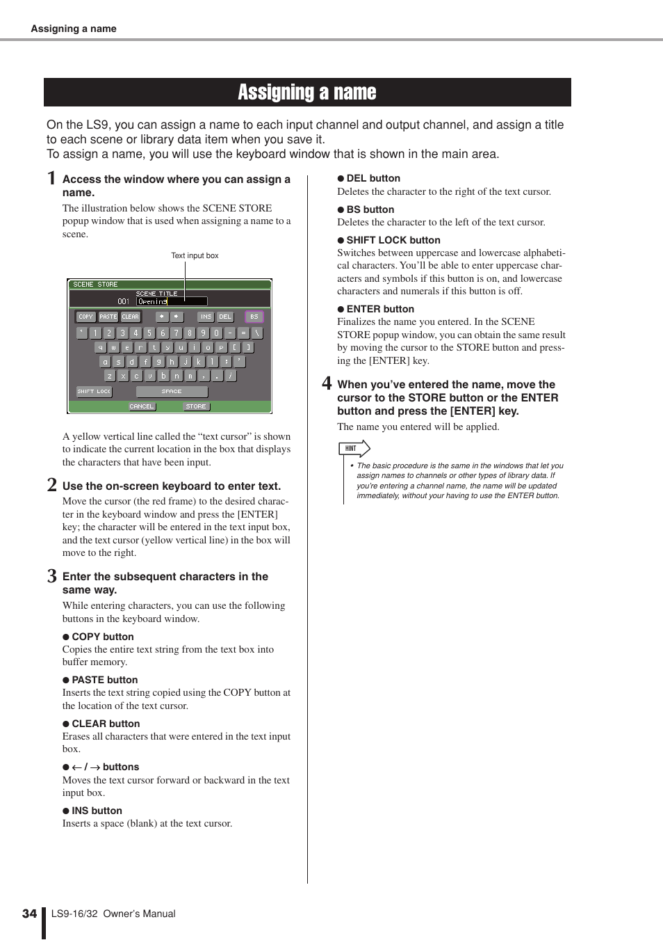 Assigning a name, P. 34, f | Yamaha LS9 User Manual | Page 34 / 290