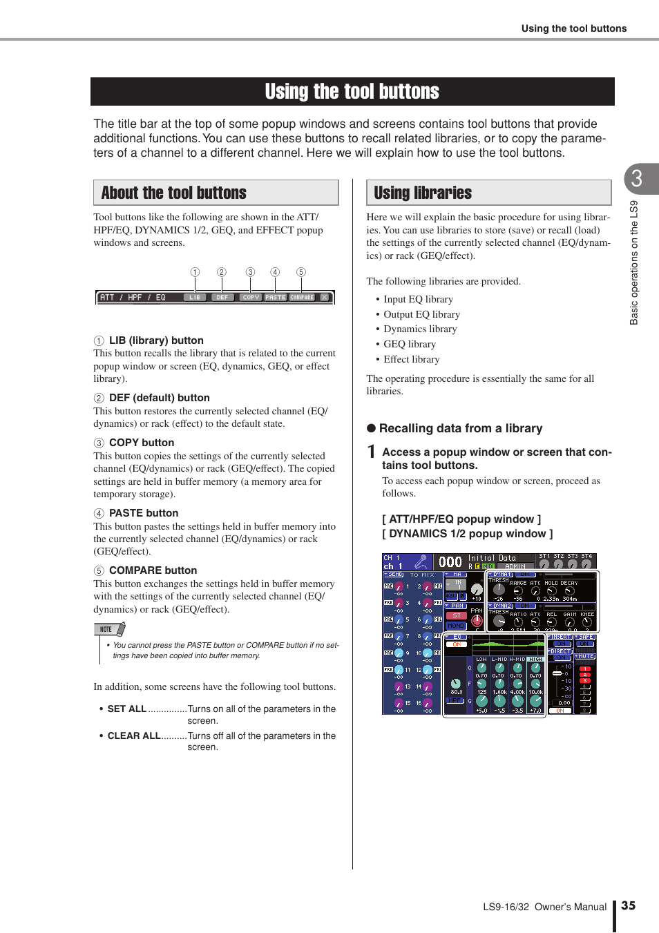 Using the tool buttons, About the tool buttons, Using libraries | Yamaha LS9 User Manual | Page 35 / 290