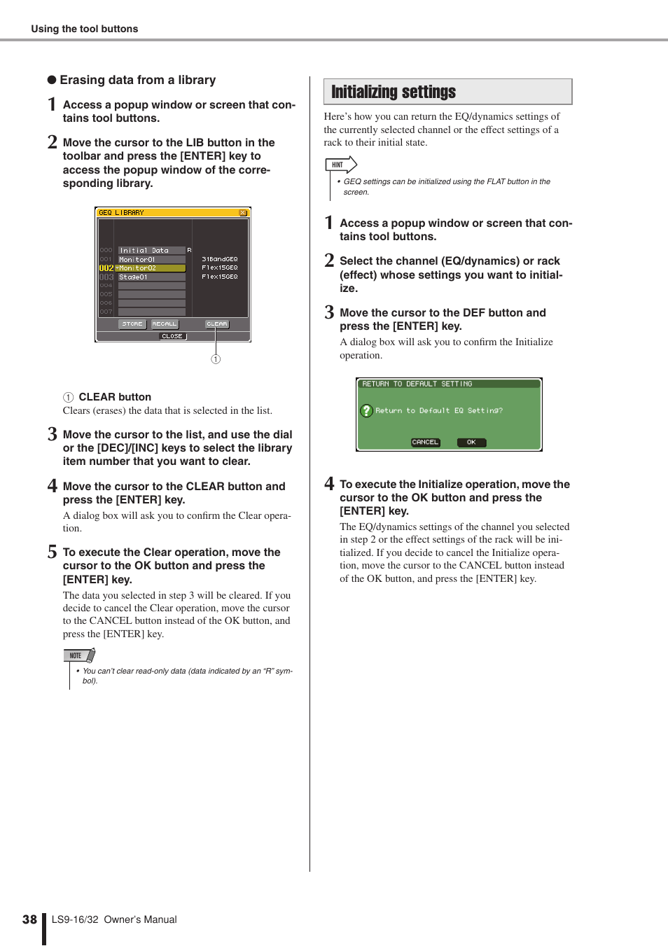 Initializing settings | Yamaha LS9 User Manual | Page 38 / 290