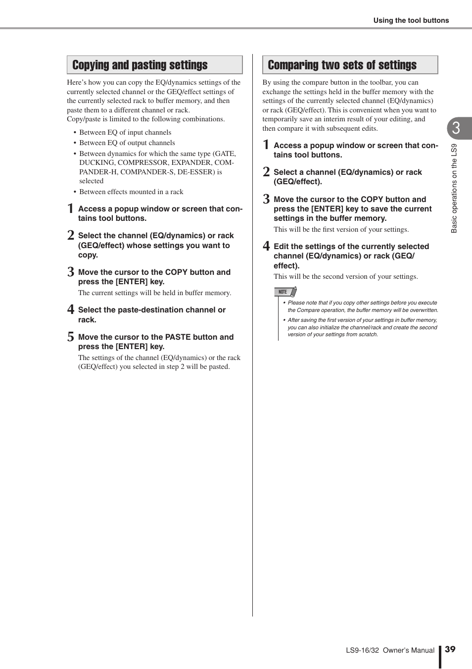 Copying and pasting settings, Comparing two sets of settings | Yamaha LS9 User Manual | Page 39 / 290