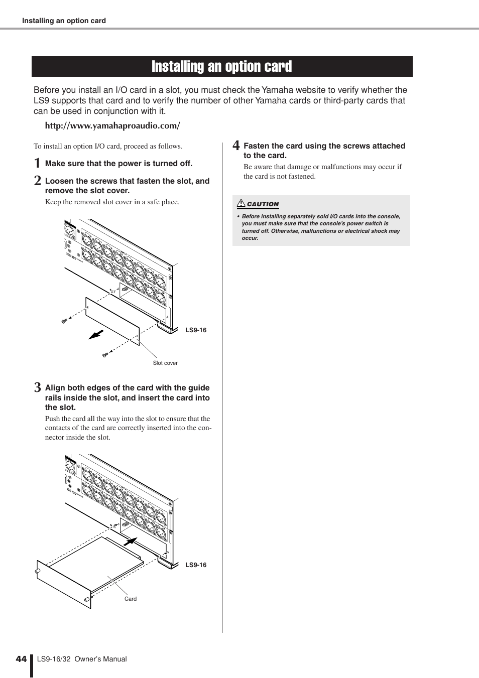 Installing an option card | Yamaha LS9 User Manual | Page 44 / 290