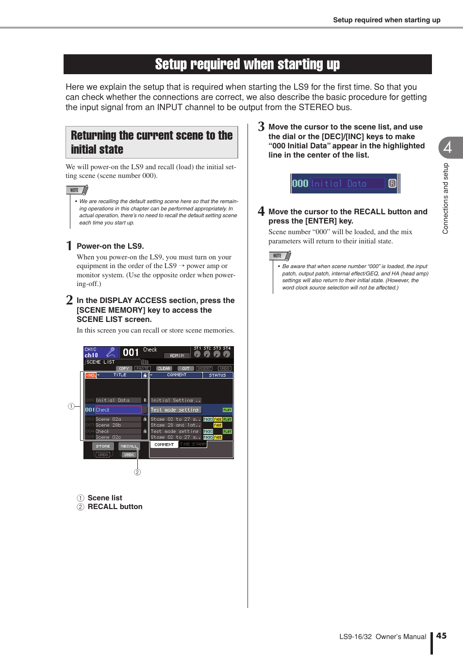 Setup required when starting up, Returning the current scene to the initial state | Yamaha LS9 User Manual | Page 45 / 290