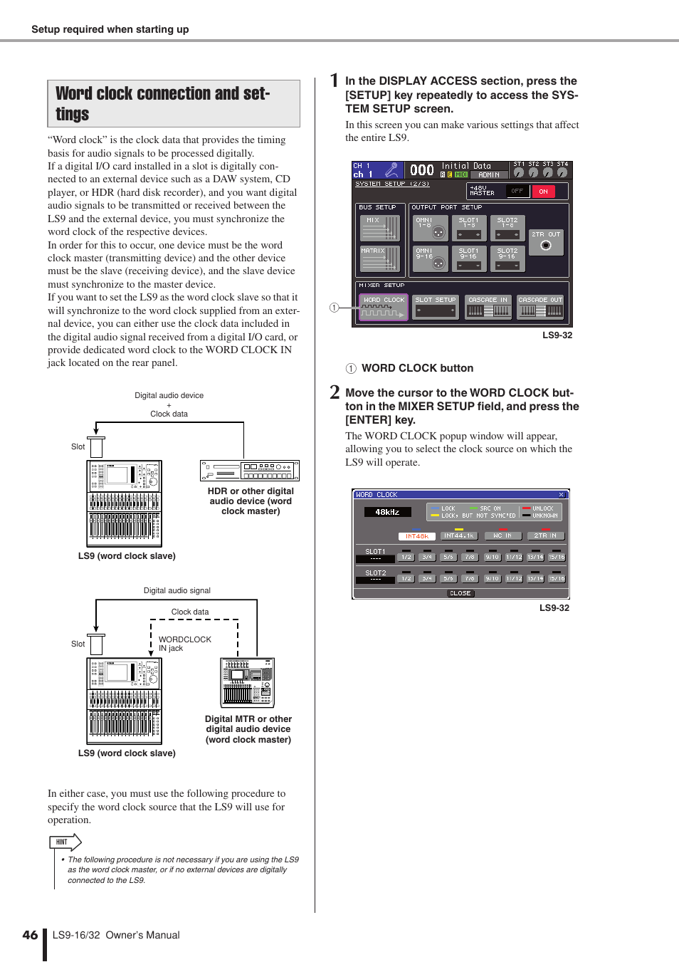 Word clock connection and settings, P. 46), Word clock connection and set- tings | Yamaha LS9 User Manual | Page 46 / 290