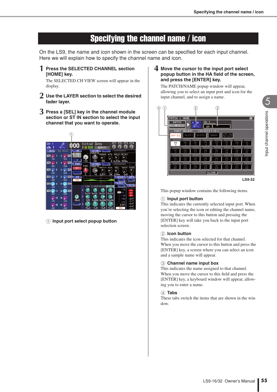 Specifying the channel name / icon, Ing an icon, P. 55, 69) | Yamaha LS9 User Manual | Page 55 / 290