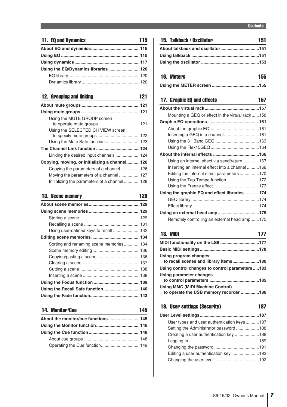 Eq and dynamics 115, Grouping and linking 121, Monitor/cue 145 | Talkback / oscillator 151, Meters 155, Graphic eq and effects 157, Midi 177, User settings (security) 187 | Yamaha LS9 User Manual | Page 7 / 290