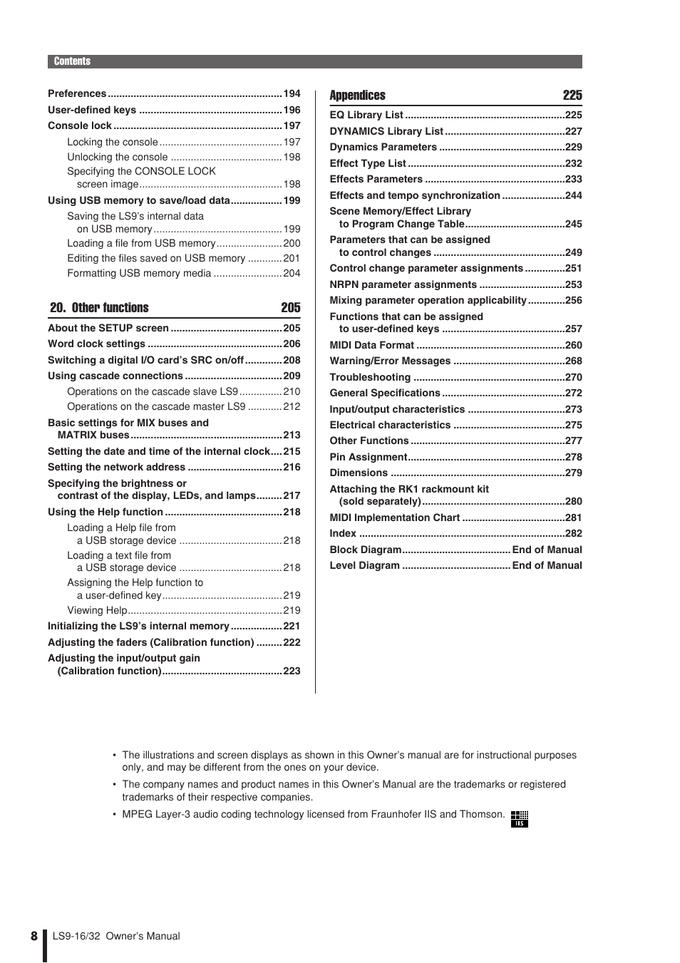 Other functions 205, Appendices 225 | Yamaha LS9 User Manual | Page 8 / 290