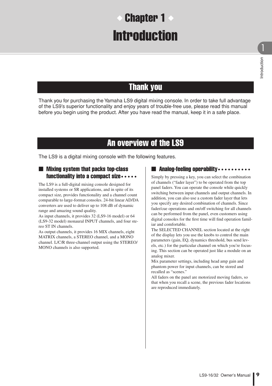 Introduction, Thank you, An overview of the ls9 | Chapter 1 | Yamaha LS9 User Manual | Page 9 / 290