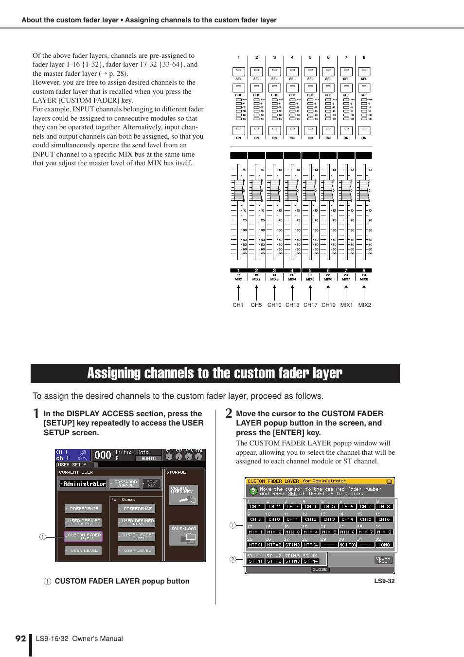 Assigning channels to the custom fader layer | Yamaha LS9 User Manual | Page 92 / 290