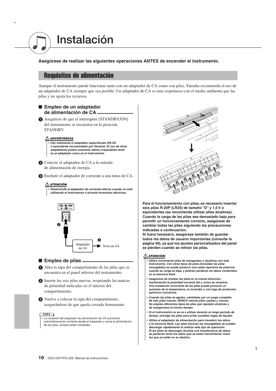 Instalación, Requisitos de alimentación, Empleo de un adaptador de alimentación de ca | Empleo de pilas | Yamaha YPG-235 User Manual | Page 10 / 128