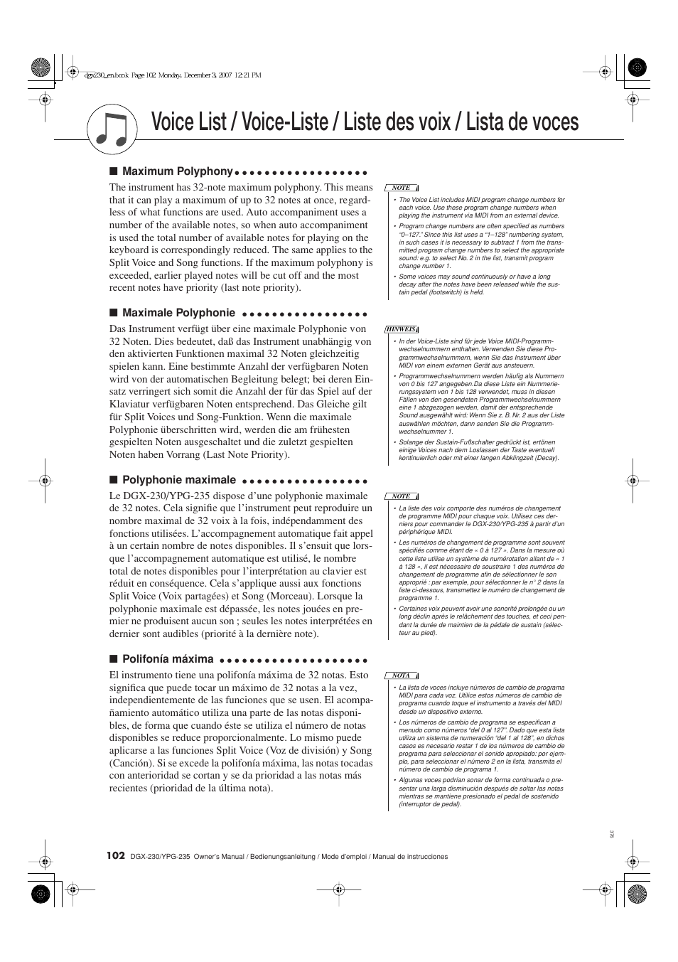 Lista de voces, Maximum polyphony, Maximale polyphonie | Polyphonie maximale, Polifonía máxima | Yamaha YPG-235 User Manual | Page 102 / 128