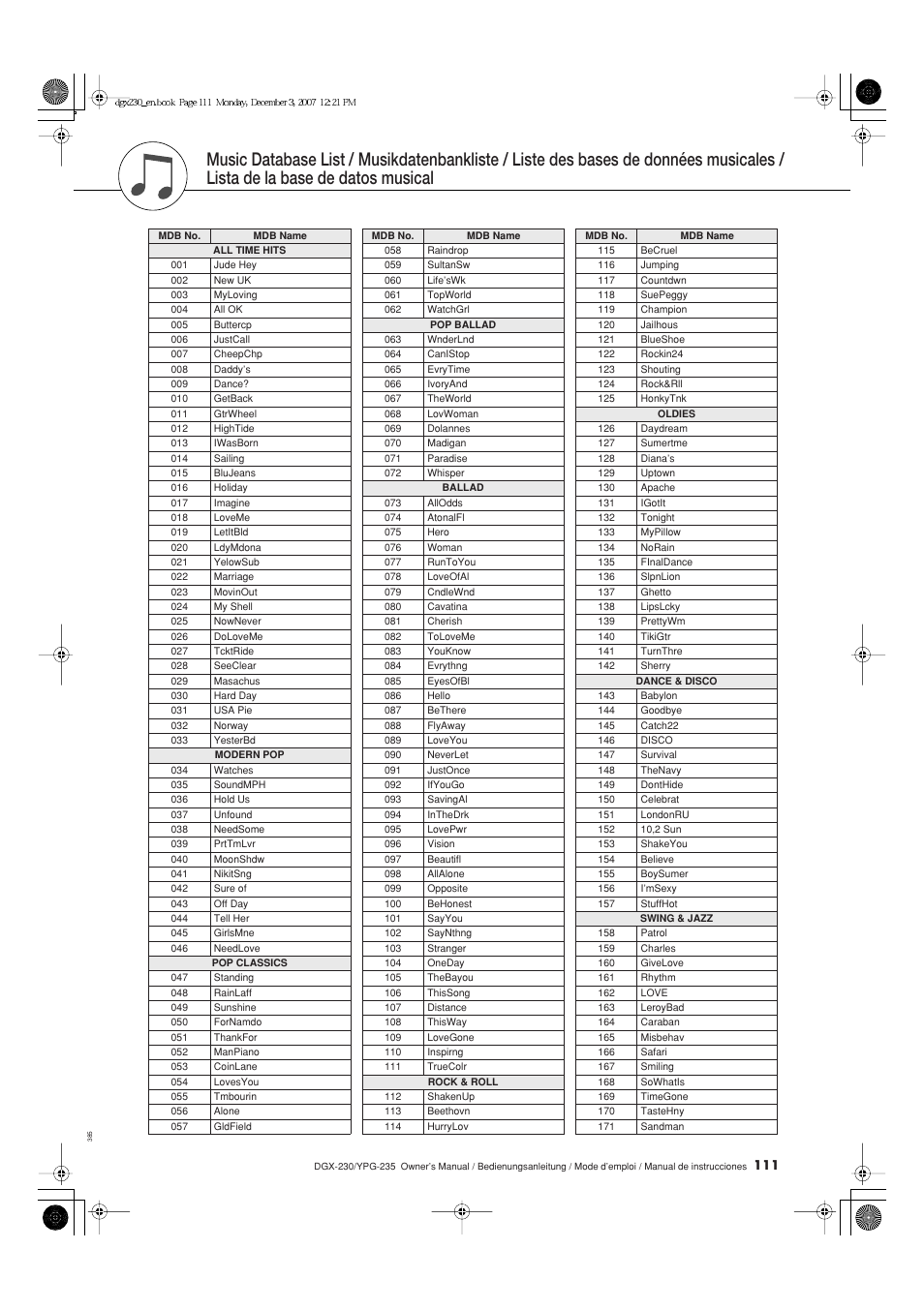 Lista de la base de datos musical, 111 de este manual y utilice el selector para | Yamaha YPG-235 User Manual | Page 111 / 128