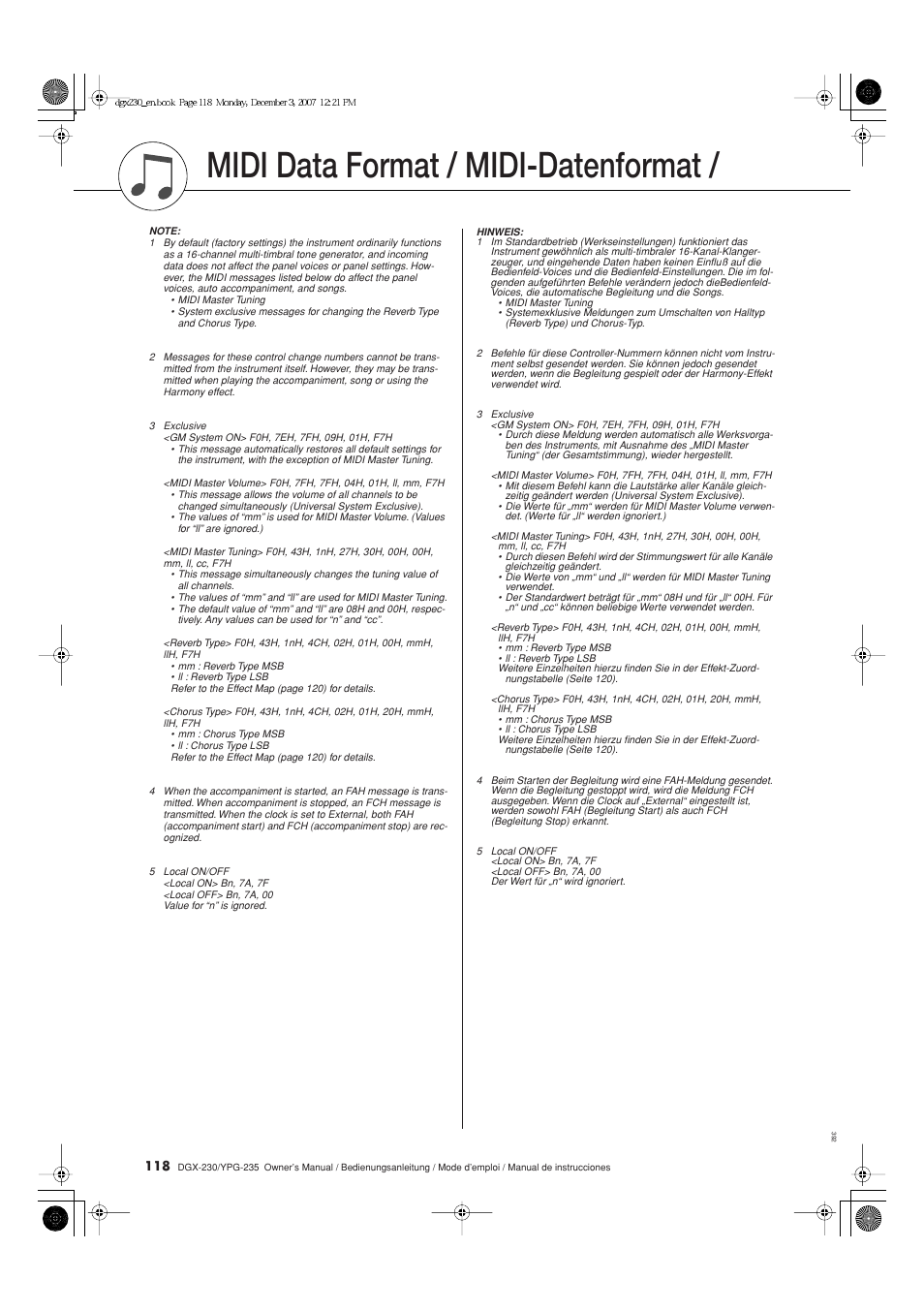 Formato de datos midi, Midi data format / midi-datenformat | Yamaha YPG-235 User Manual | Page 118 / 128