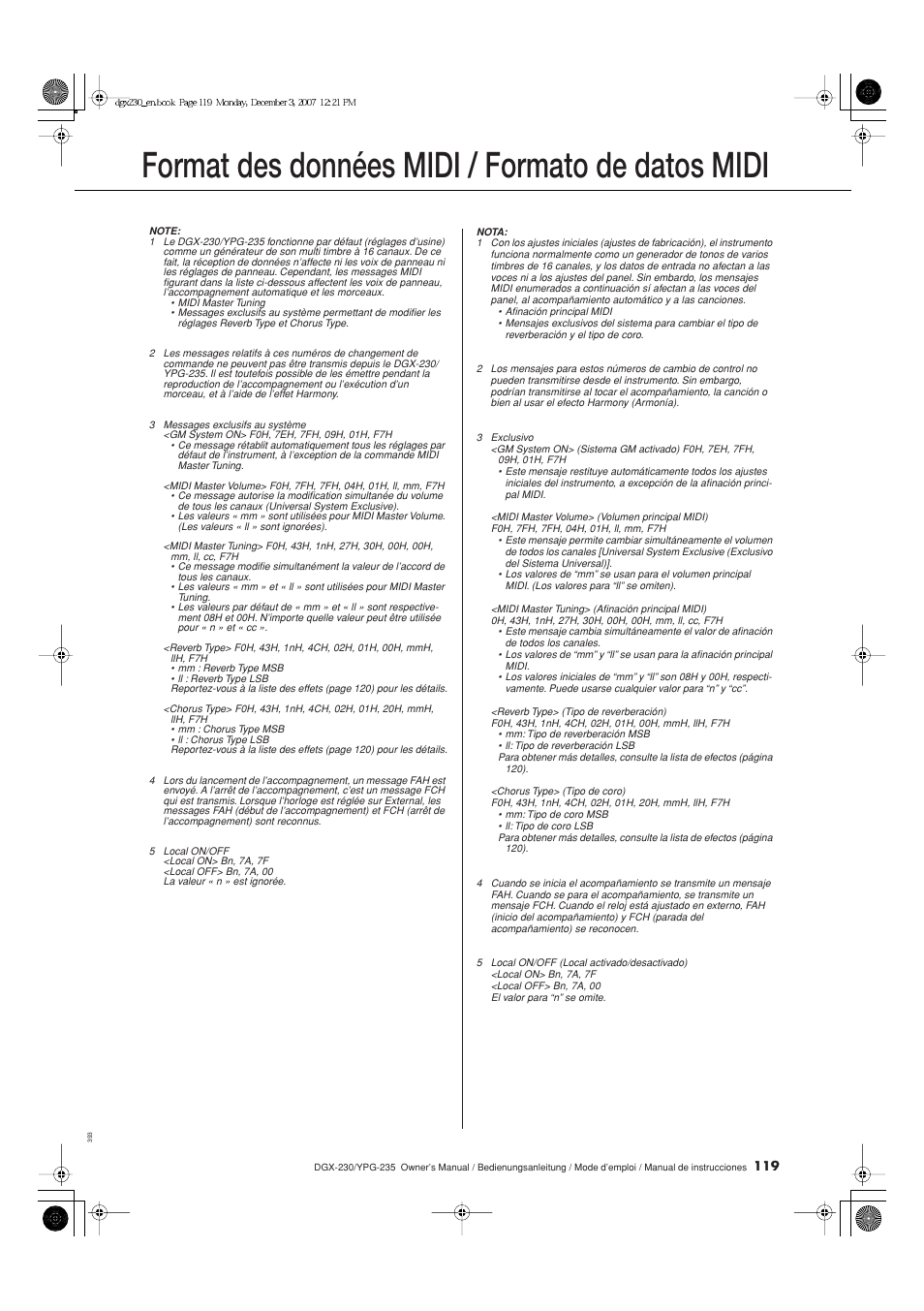 Format des données midi / formato de datos midi | Yamaha YPG-235 User Manual | Page 119 / 128