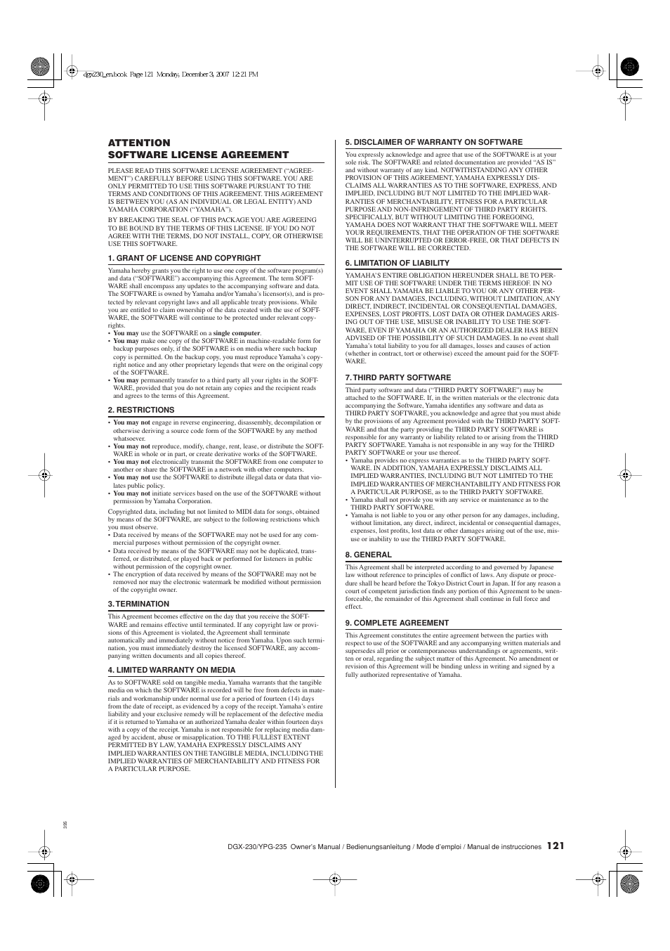 Acuerdo de licencia de software, Attention, Software license agreement | Yamaha YPG-235 User Manual | Page 121 / 128