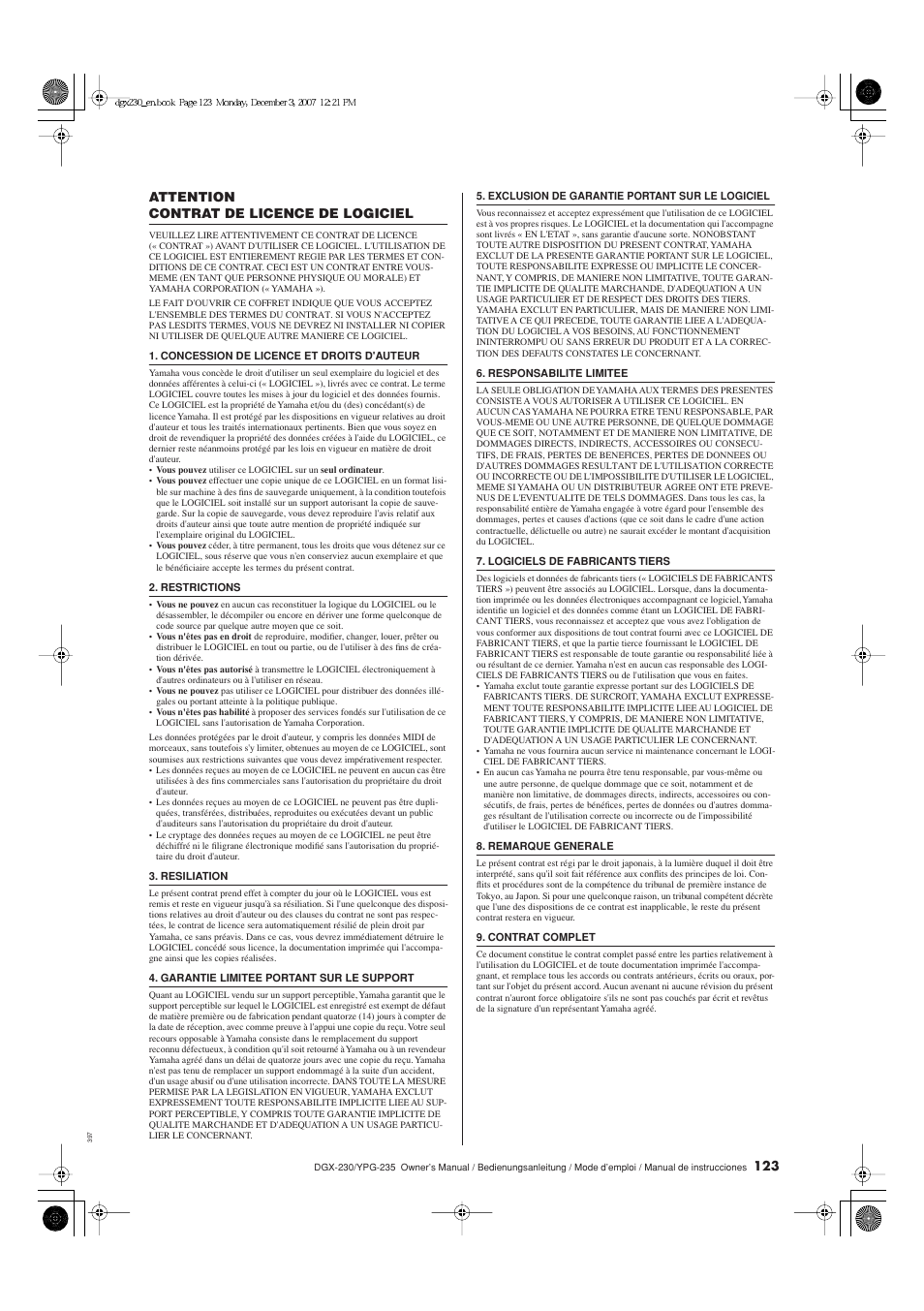 Attention, Contrat de licence de logiciel | Yamaha YPG-235 User Manual | Page 123 / 128