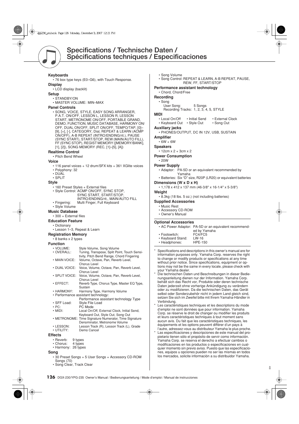 Especificaciones | Yamaha YPG-235 User Manual | Page 126 / 128