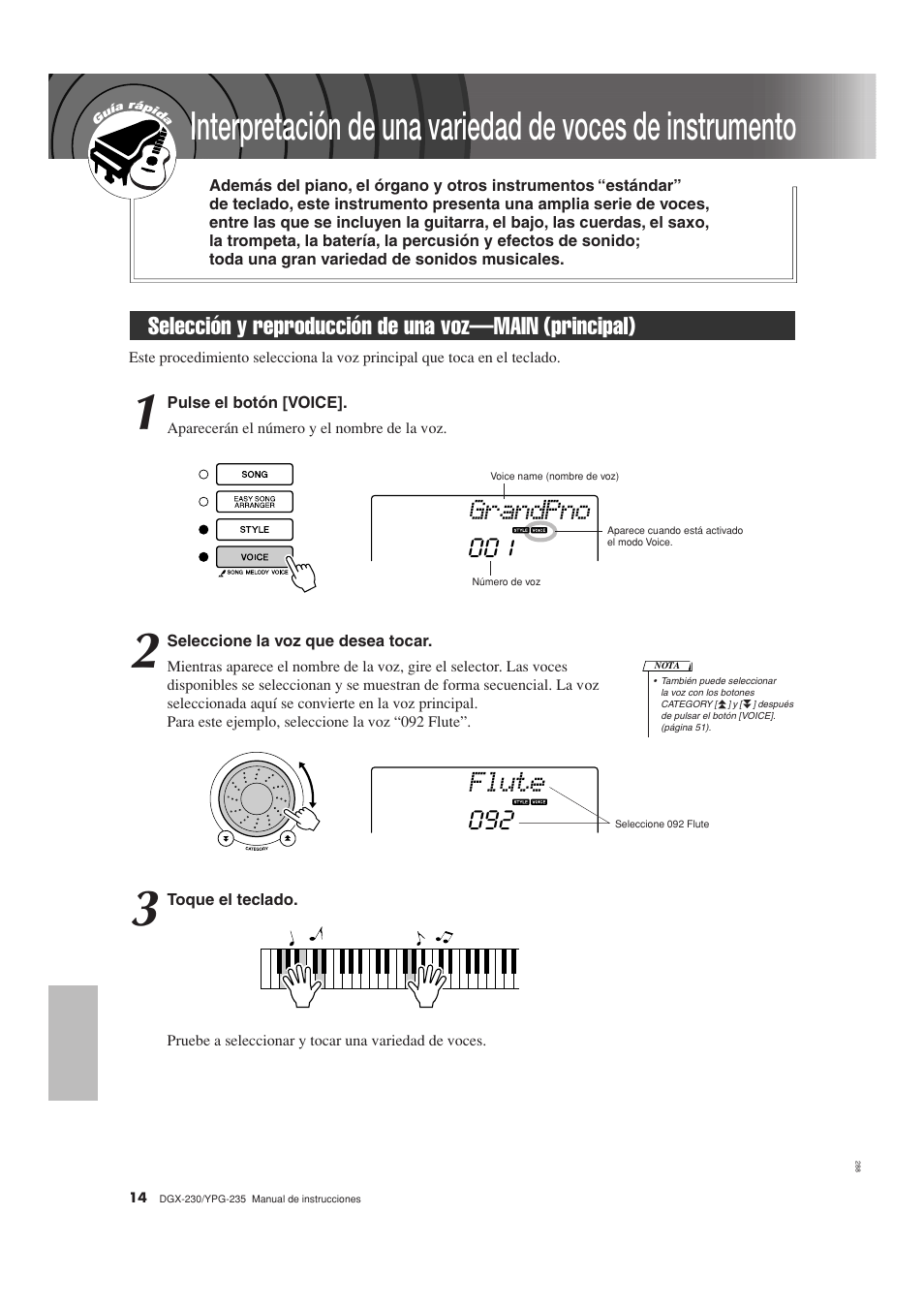 Guía rápida, Grandpno, Flute | Yamaha YPG-235 User Manual | Page 14 / 128