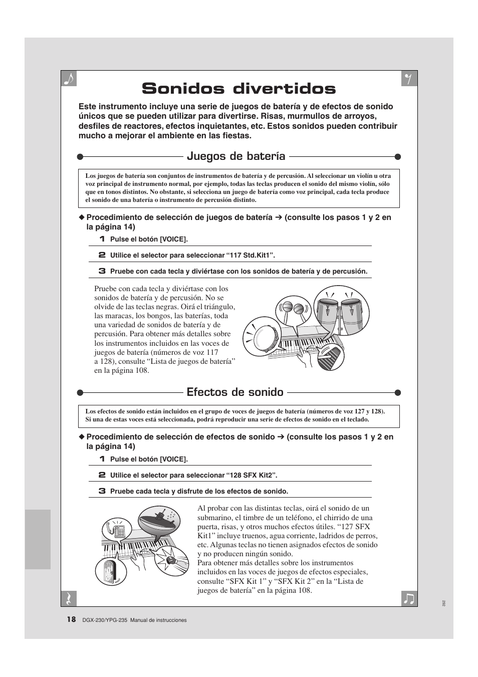 Sonidos divertidos, Juegos de batería, Efectos de sonido | Juegos de batería efectos de sonido | Yamaha YPG-235 User Manual | Page 18 / 128