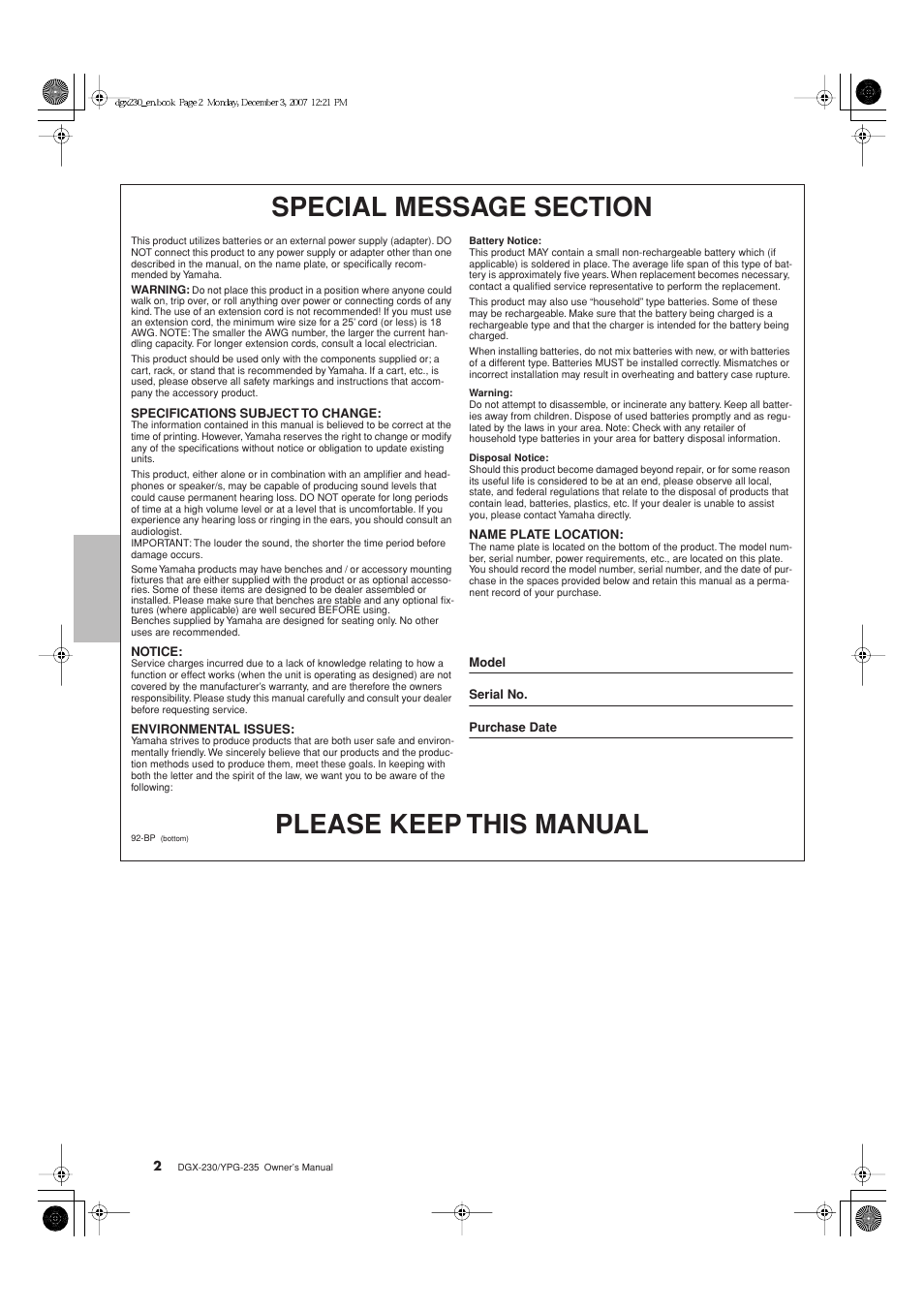 Please keep this manual | Yamaha YPG-235 User Manual | Page 2 / 128