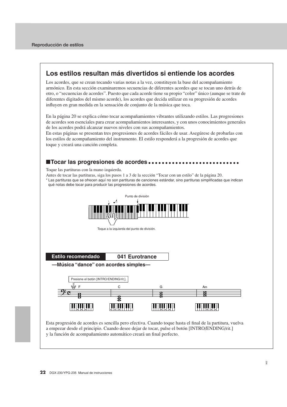 Tocar las progresiones de acordes, 041 eurotrance | Yamaha YPG-235 User Manual | Page 22 / 128
