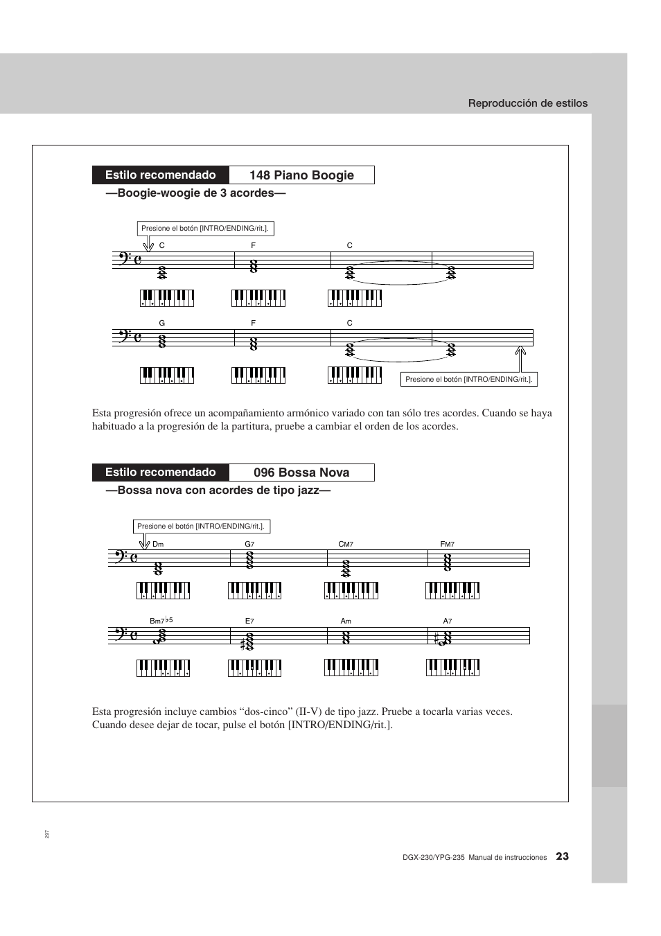 148 piano boogie, 096 bossa nova, Estilo recomendado | Yamaha YPG-235 User Manual | Page 23 / 128